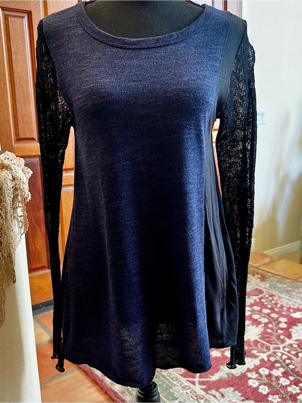 Pete Made In America Navy Blue Shirt Rayon Cotton Lace Long Sleeves Size S
